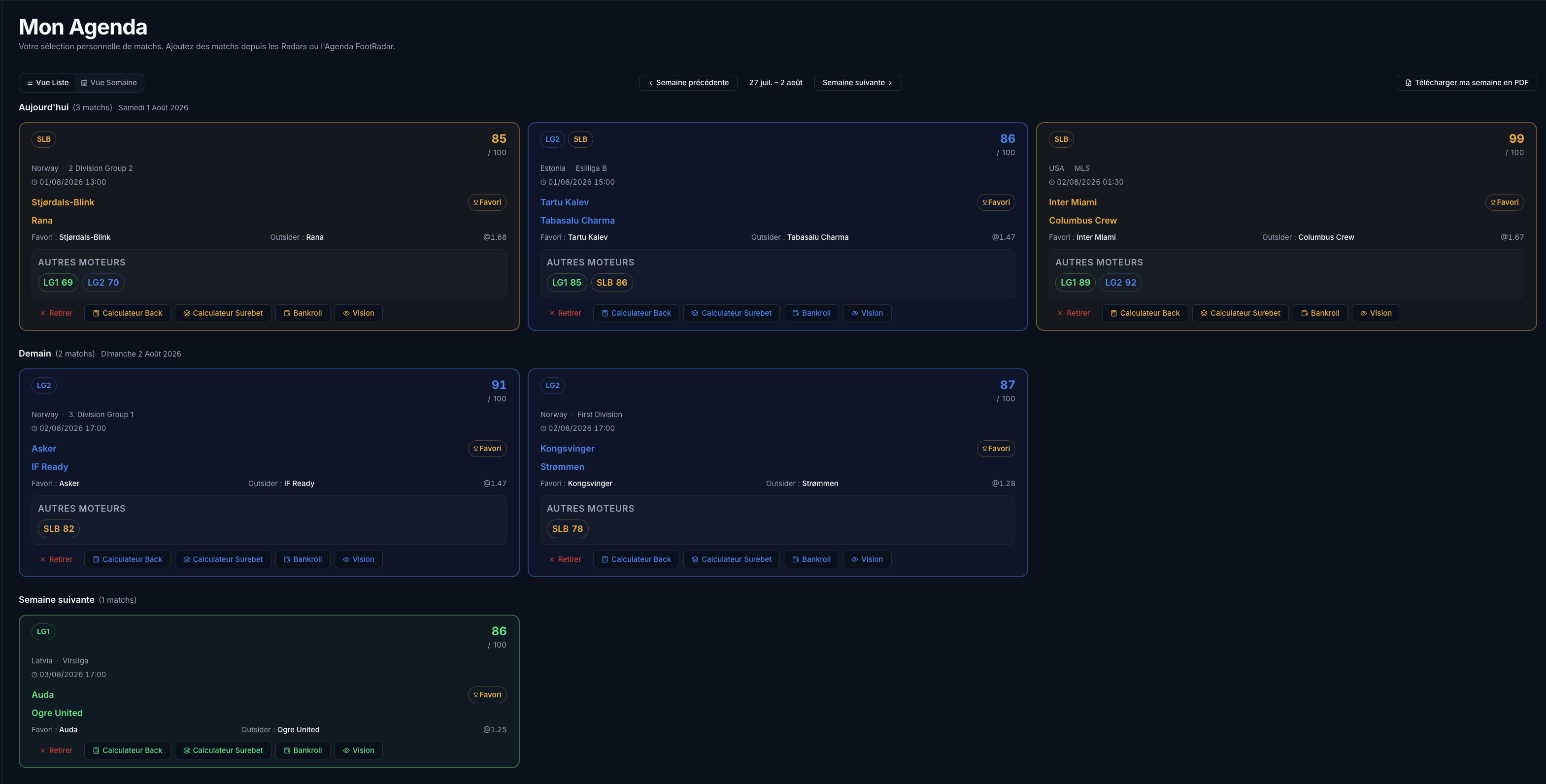 Mon Agenda FootRadar — Vue liste des matchs regroupés par journée
